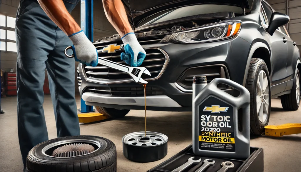 Mechanic changing oil on a 2020 Chevy Trax with tools nearby.