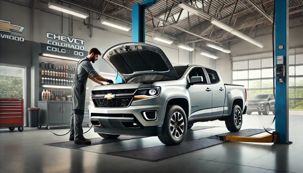 2022 Chevy Colorado receiving its first oil change in a service center.