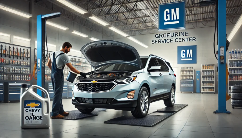 Mechanic performing an oil change on a 2022 Chevy Equinox in a service center.