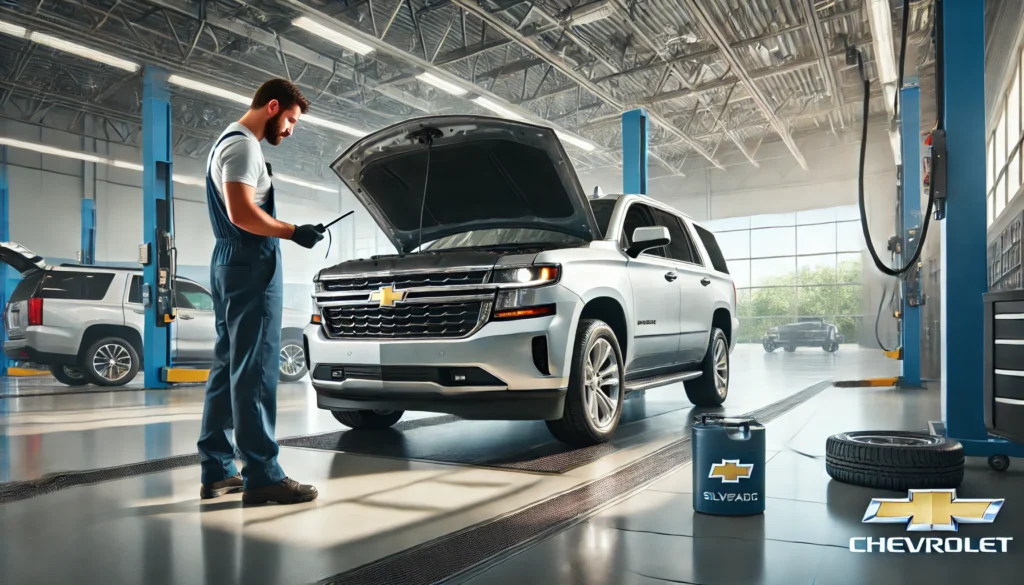 Chevrolet vehicle receiving an oil change service with a technician checking the oil level.