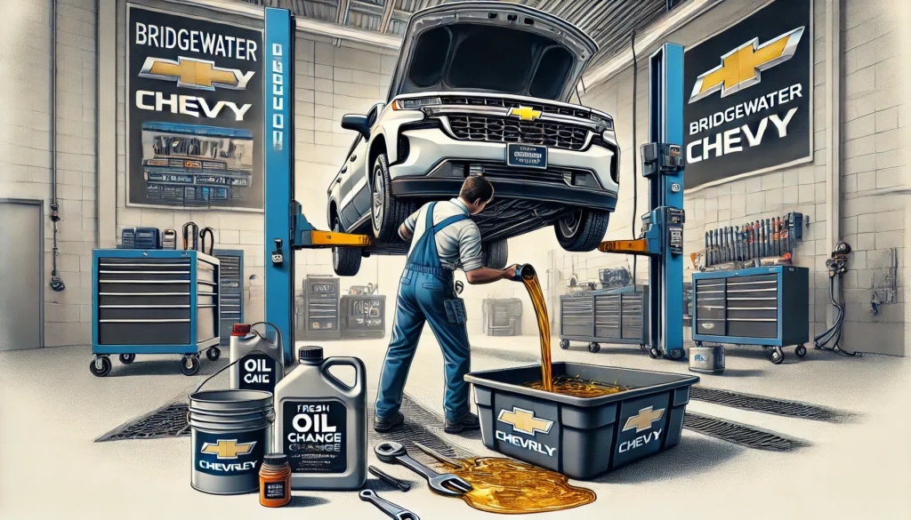 Certified mechanic performing an oil change on a Chevy vehicle at Bridgewater Chevy, using professional tools in a service bay.
