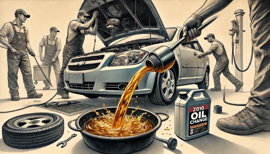 Mechanic performing an oil change on a 2010 Chevy Cobalt, showing the process of draining old oil and adding fresh 5W-30 synthetic oil.