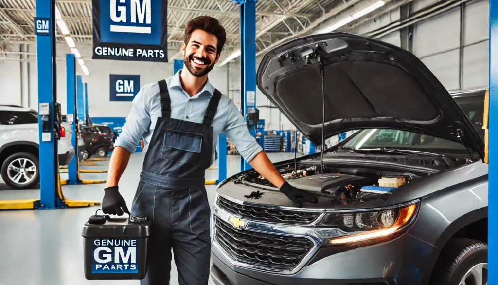 Mechanic performing an oil change on a Chevy vehicle at a dealership.
