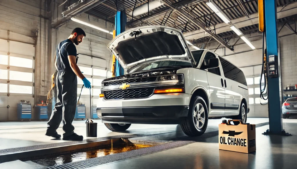 Mechanic performing an oil change on a Chevy Express in a modern garage.
