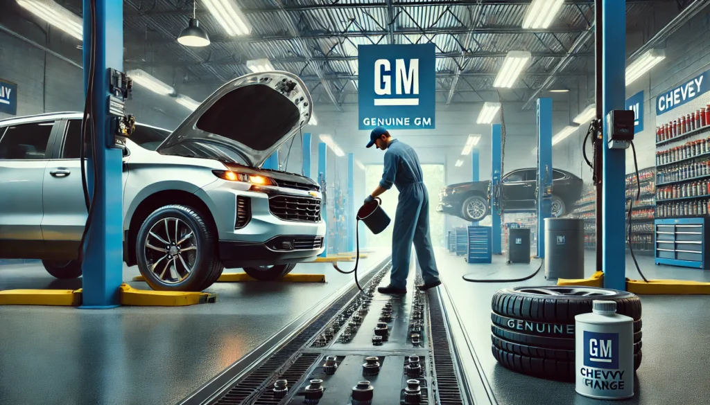 Mechanic performing an oil change on a Chevy vehicle at a Chevrolet service center.