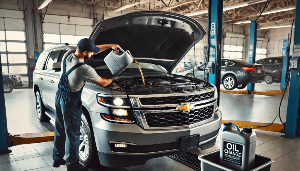 Chevy Tahoe undergoing an oil change in a service bay with a mechanic draining the engine oil.
