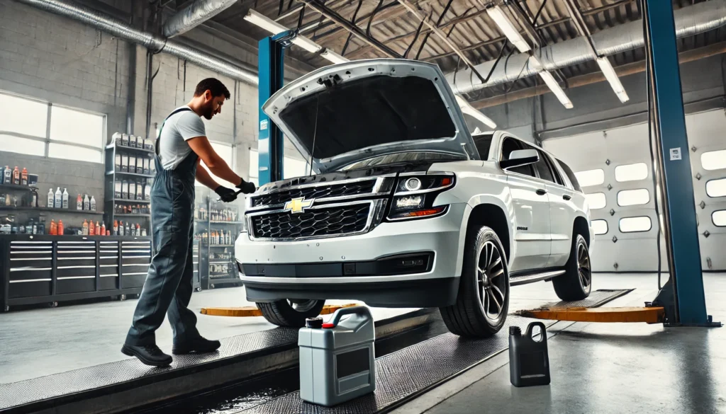 Mechanic changing oil in a Chevy Tahoe SUV at a professional service garage.