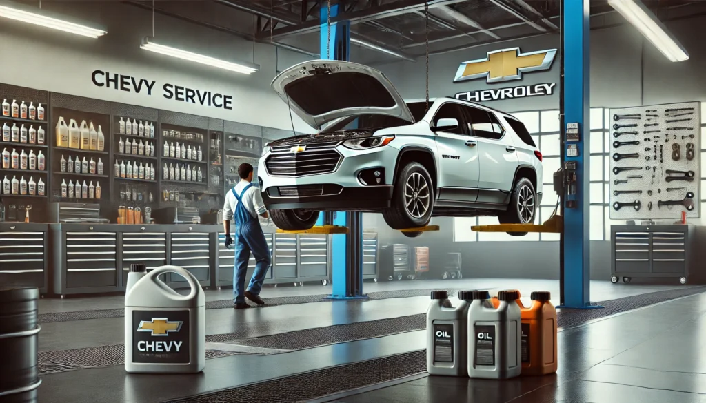 Mechanic performing an oil change on a Chevy Traverse SUV in a modern service garage.