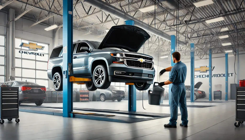 Chevrolet vehicle undergoing an oil change at Feldman Chevrolet with a technician replacing the oil filter.