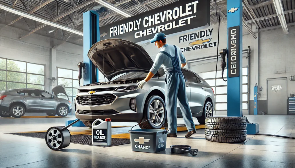 Certified technician at Friendly Chevrolet performing an oil change on a Chevy vehicle in a clean and organized service bay.