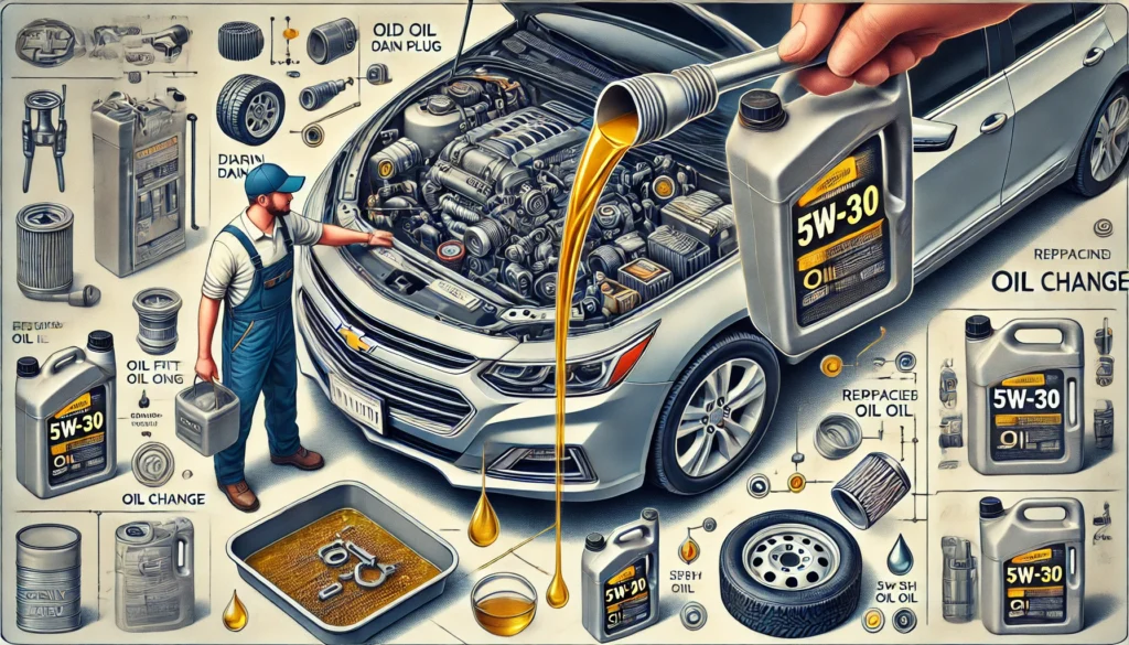 Mechanic performing an oil change on a 2014 Chevy Malibu, focusing on draining old oil and replacing the oil filter with fresh 5W-30 synthetic oil.