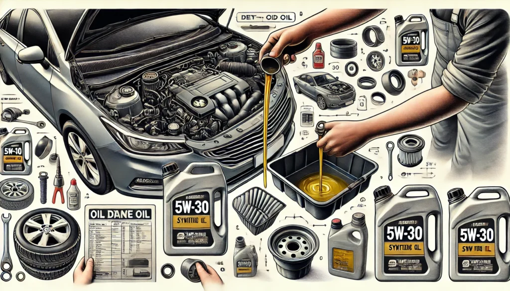 Mechanic performing an oil change on a 2015 Chevy Cruze, focusing on draining old oil and replacing the oil filter with fresh 5W-30 synthetic oil.