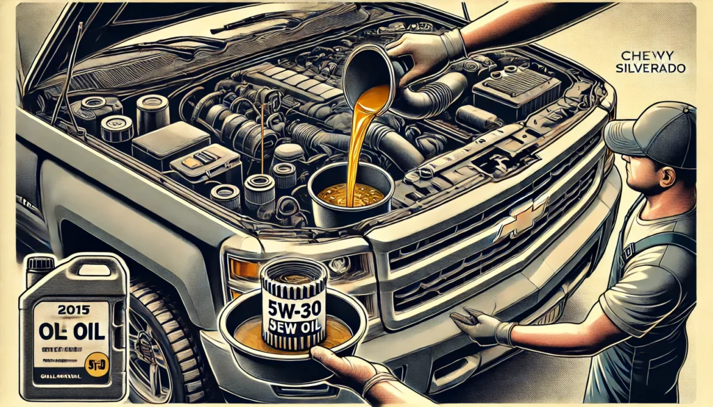 Mechanic performing an oil change on a 2015 Chevy Silverado, focusing on draining old oil and replacing the oil filter with fresh 5W-30 synthetic oil.