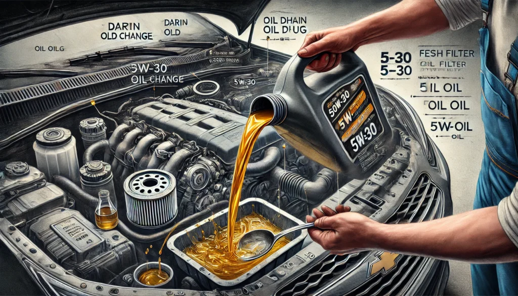 Mechanic performing an oil change on a 2016 Chevy Cruze, focusing on draining old oil and replacing the oil filter with fresh 5W-30 synthetic oil.