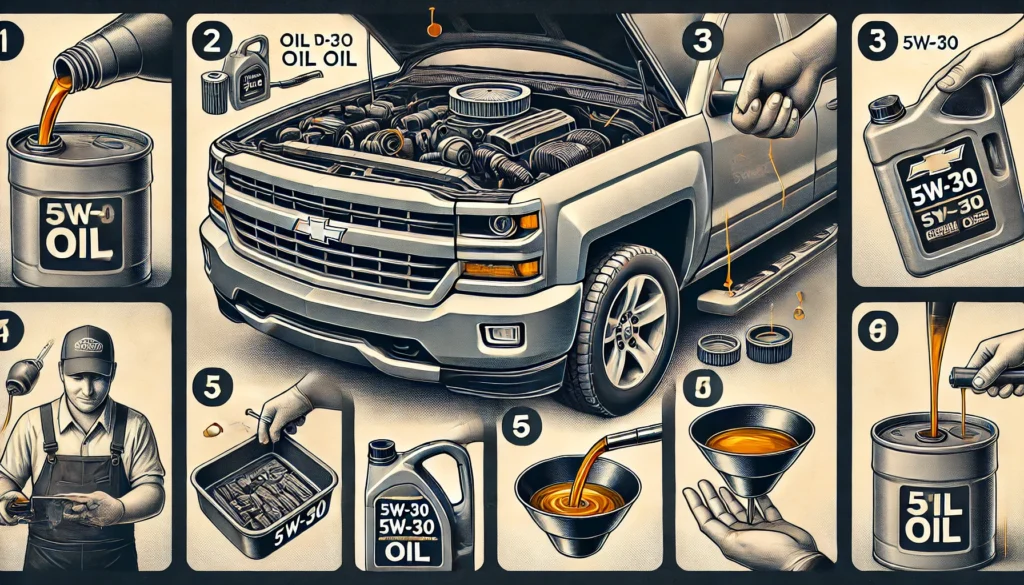 Mechanic performing an oil change on a 2017 Chevy Silverado, focusing on draining old oil and replacing the oil filter with fresh 5W-30 synthetic oil.
