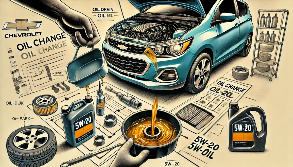 Mechanic performing an oil change on a Chevrolet Spark, focusing on draining old oil and replacing the oil filter with fresh 5W-20 synthetic oil.