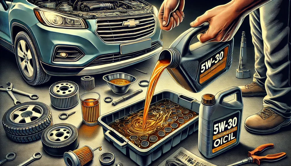 Mechanic performing an oil change on a Chevrolet Trax, focusing on draining old oil and replacing the oil filter with fresh 5W-30 synthetic oil.