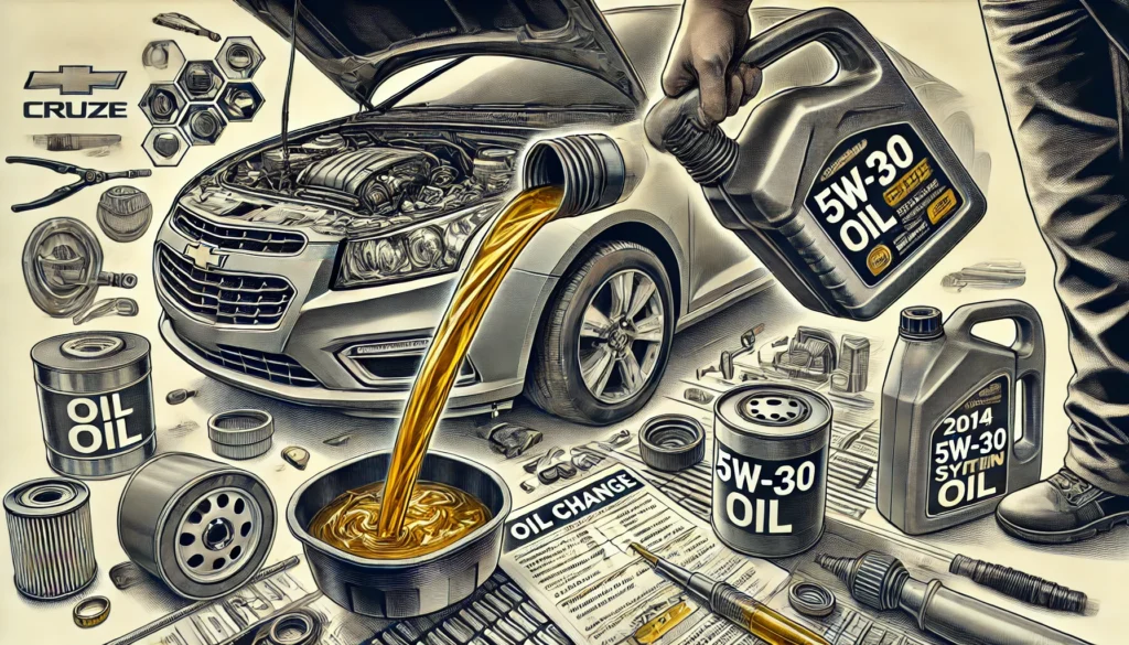 Mechanic performing an oil change on a 2014 Chevy Cruze, focusing on draining old oil and replacing the oil filter with fresh 5W-30 synthetic oil.