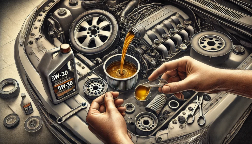 Mechanic performing an oil change on a 2012 Chevy Malibu, focusing on draining old oil and replacing the oil filter with fresh 5W-30 synthetic oil.