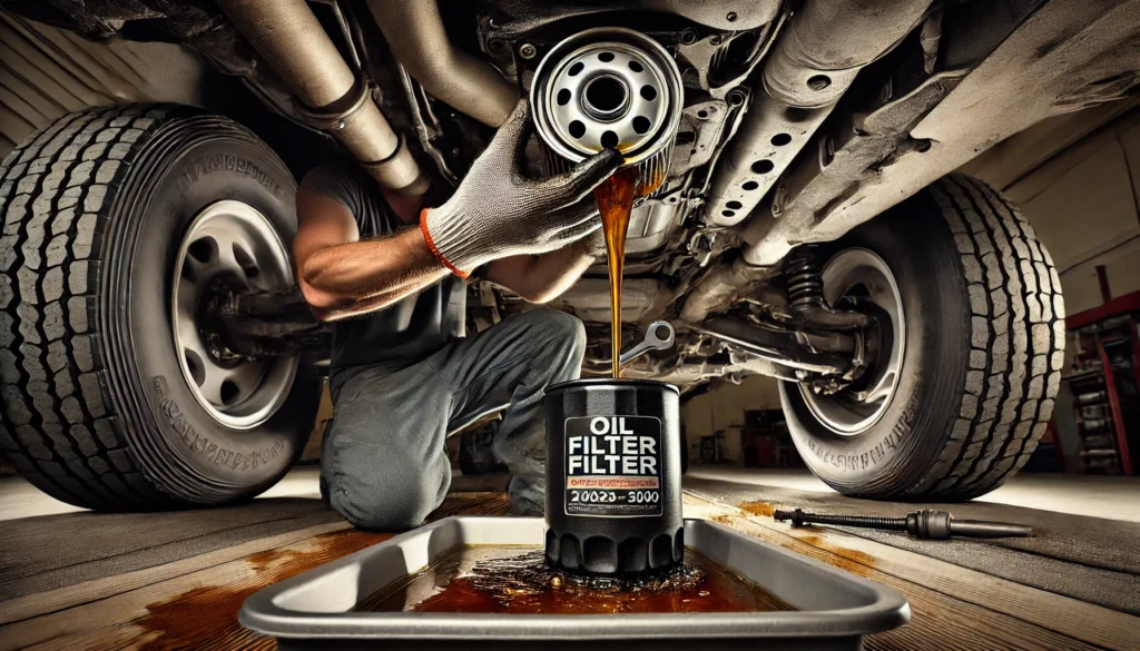 Mechanic replacing the oil filter on a 2002 Chevy Silverado 1500, using an oil filter wrench to remove the old filter while oil drains into a pan beneath the truck.