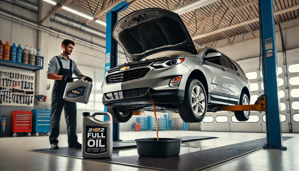 Mechanic performing an oil change on a 2022 Chevy Equinox using full synthetic oil.